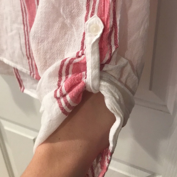 Striped V Neck Linen Blouse - Picture 2 of 4